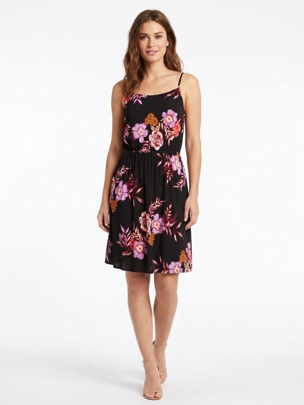 LDLA Black Floral Spaghetti Strap Dress Stretchy Comfy Crisscross Back